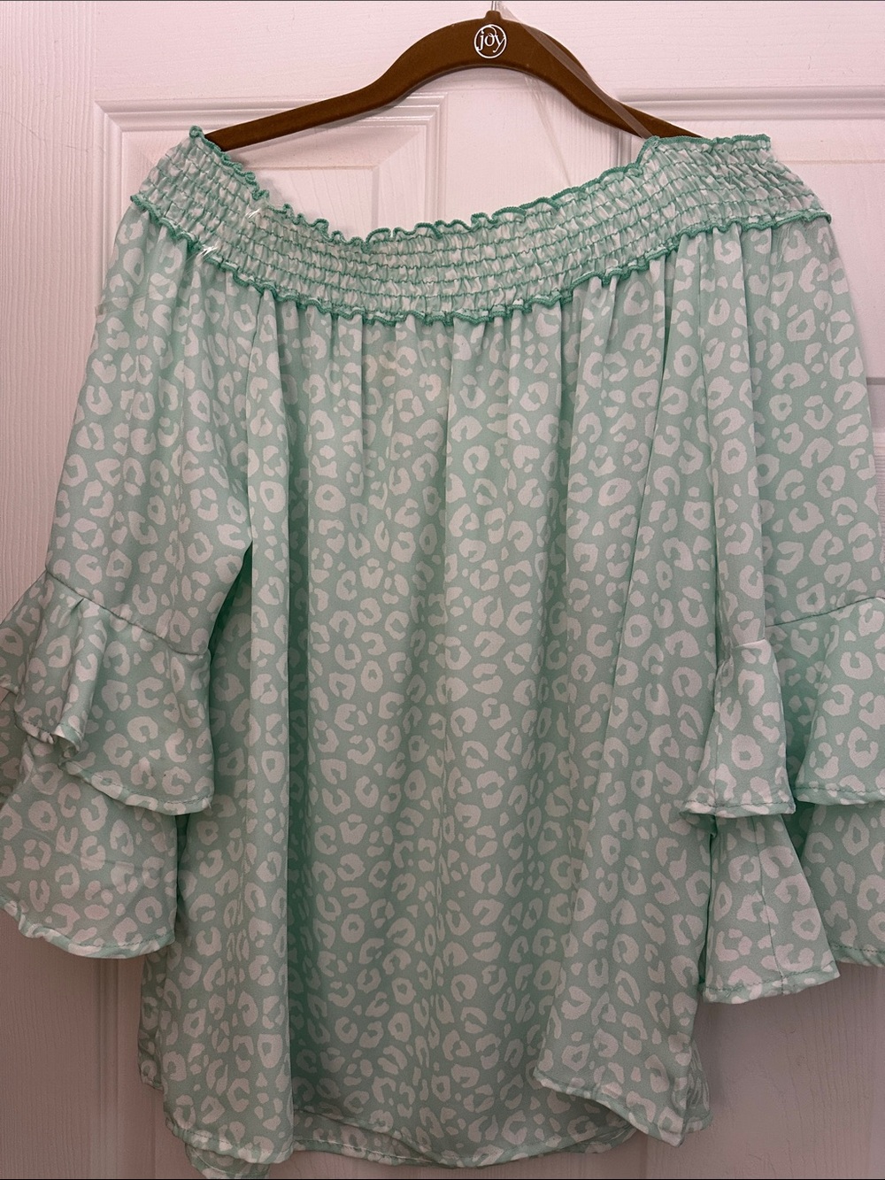 Smocked Off-Shoulder Mint Green Leopard Print Blouse